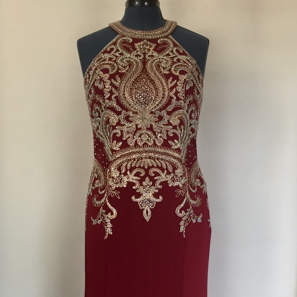 Judy&Julia Long Party Prom Dress Burgundy/Gold - Picture 2 of 8